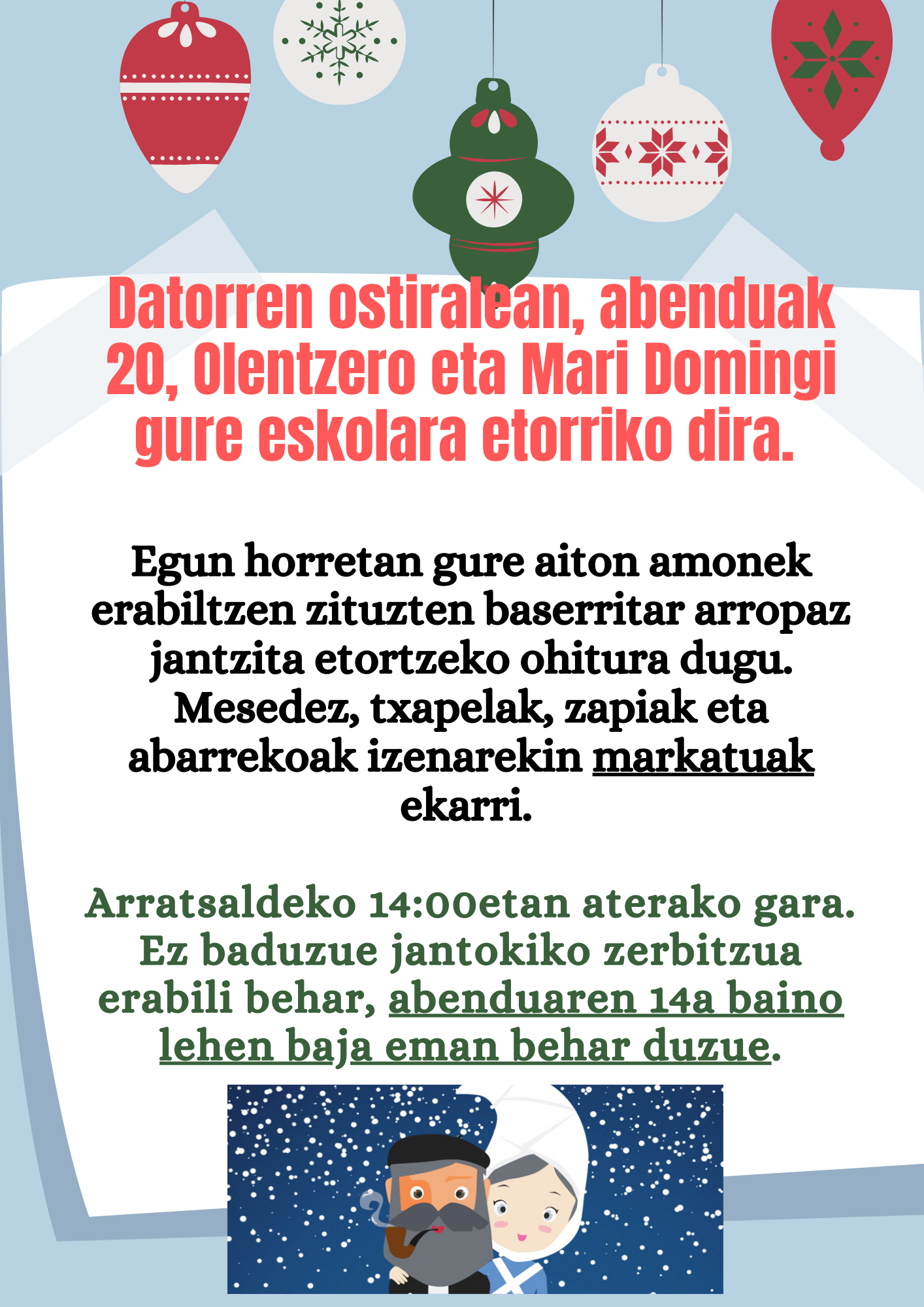 OLENTZERO ETA MARIDOMINGIREN EGUNEKO INFORMAZIOA